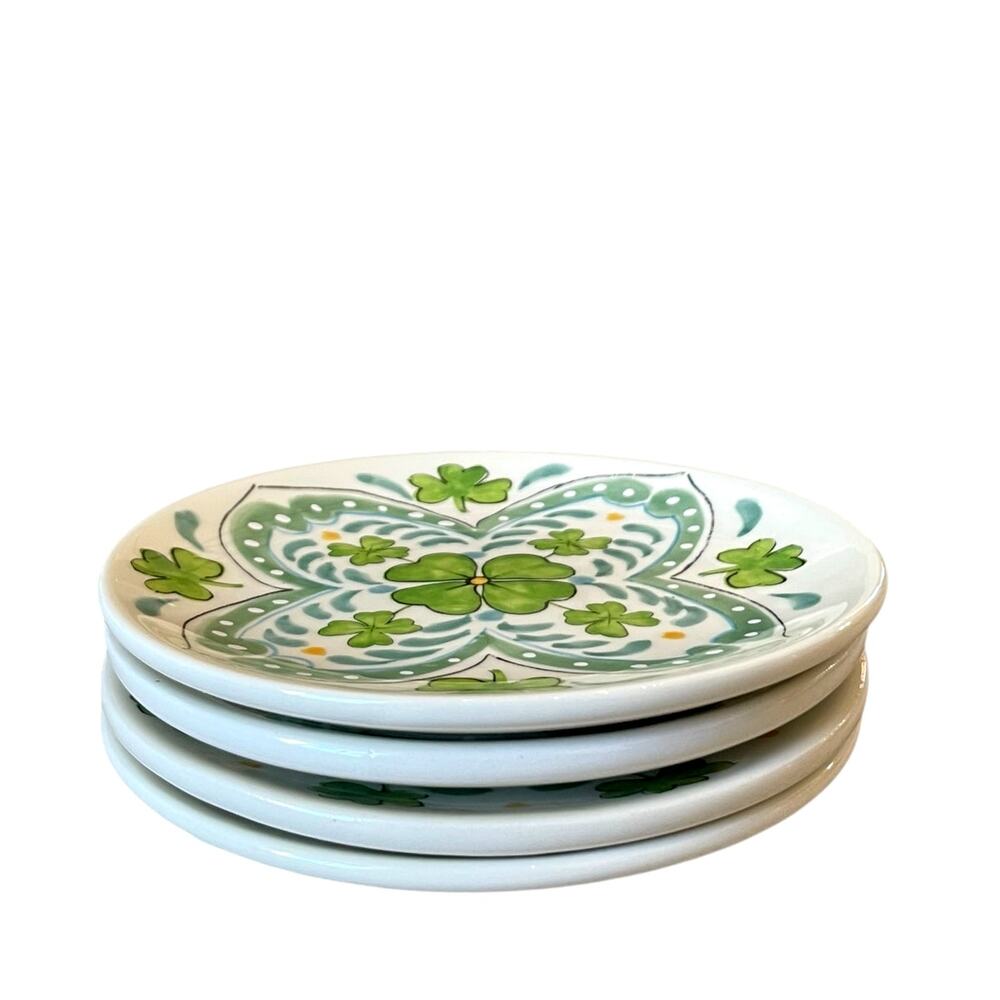 4pc Maxcera Shamrock St Patricks Appetizer Plates 6in Ceramic Green White New - Picture 3 of 5